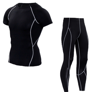 Camiseta de manga corta para hombre + pantalón que absorbe la humedad Pantalón de secado rápido para hombre Traje, pantalón de línea negra pura Camiseta deportiva de cuello redondo