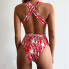 Traje de baño sexy de fitness personalizado para mujer, conjunto de bikini con espalda cruzada y estampado floral, trajes de baño de talla grande con cordones, control de barriga de una pieza