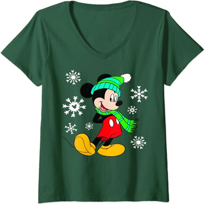 Camiseta de Año Nuevo con cuello en V para mujer, Navidad, Disney, Mickey Mouse, Navidad, retrato, copos de nieve, envío gratis
