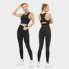 Mujeres Conjuntos de yoga sin costuras 2 piezas Estampado de leopardo negro Tops deportivos personalizados Gimnasio Gimnasio Entrenamiento deportivo Cintura alta Control de abdomen Leggings al por mayor