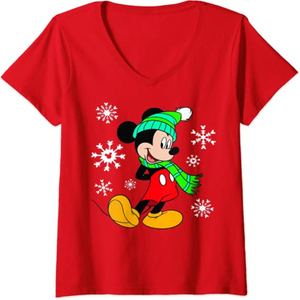 Camiseta de Año Nuevo con cuello en V de Navidad para mujer, con diseño de copos de nieve de Mickey Mouse